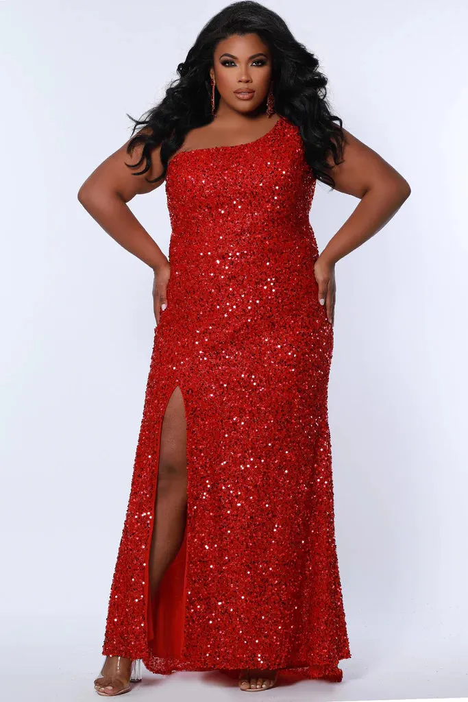 Sydney's Closet SC7360 Long Prom Plus Size Sleeveless One Shoulder Paillettes On Stretch Net Fitted Silhouette Slit With Train Formal Gown