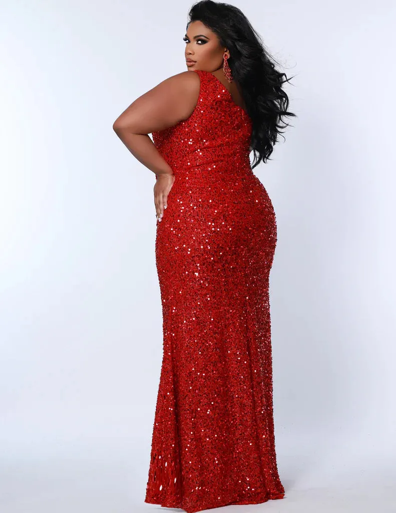 Sydney's Closet SC7360 Long Prom Plus Size Sleeveless One Shoulder Paillettes On Stretch Net Fitted Silhouette Slit With Train Formal Gown