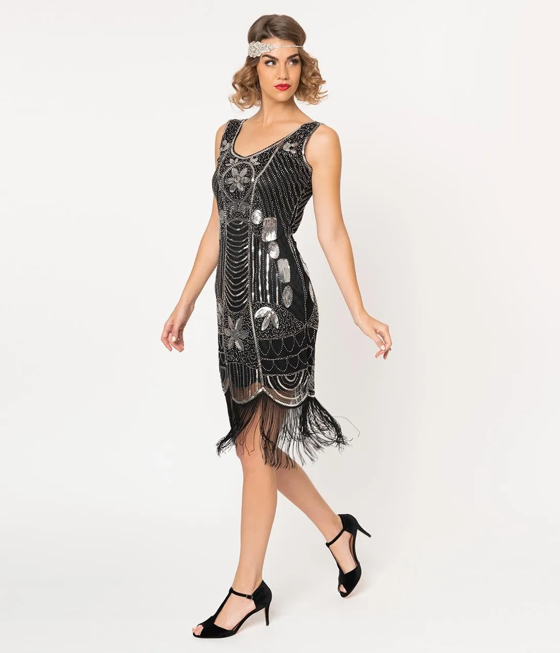 Unique Vintage Black & Silver Sequin Fringe Cremieux Flapper Dress