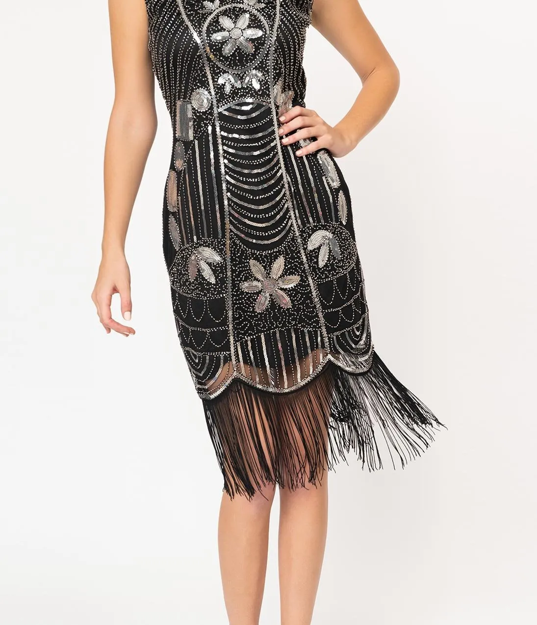 Unique Vintage Black & Silver Sequin Fringe Cremieux Flapper Dress