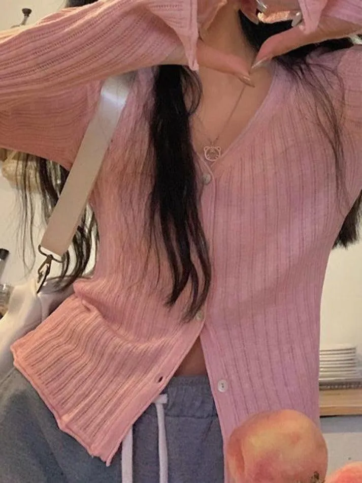 V Neck Ribbed Thin Long Sleeve Knit