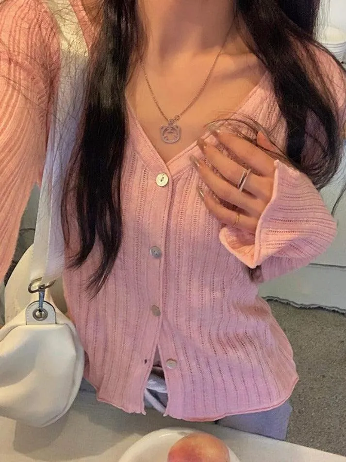 V Neck Ribbed Thin Long Sleeve Knit