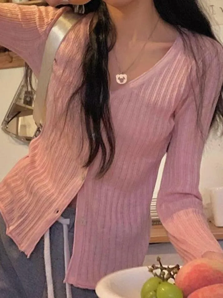 V Neck Ribbed Thin Long Sleeve Knit