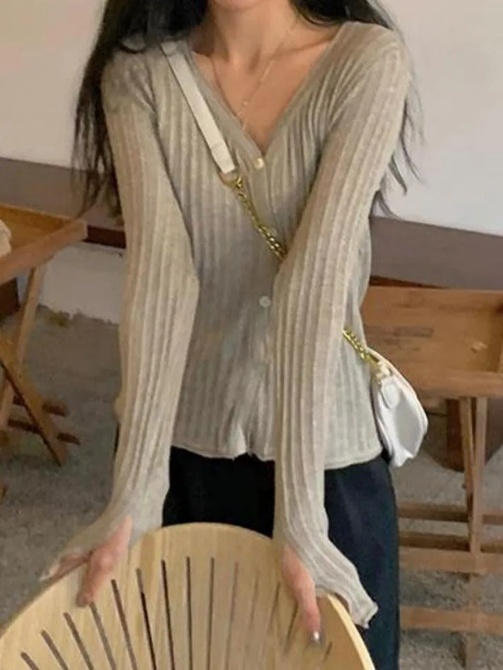 V Neck Ribbed Thin Long Sleeve Knit