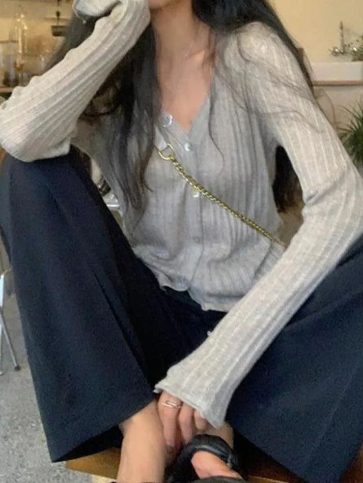 V Neck Ribbed Thin Long Sleeve Knit