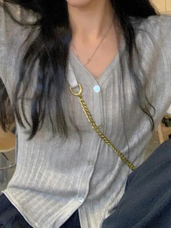 V Neck Ribbed Thin Long Sleeve Knit