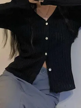 V Neck Ribbed Thin Long Sleeve Knit