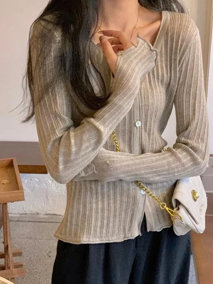 V Neck Ribbed Thin Long Sleeve Knit