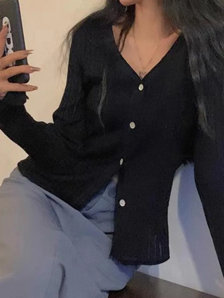 V Neck Ribbed Thin Long Sleeve Knit