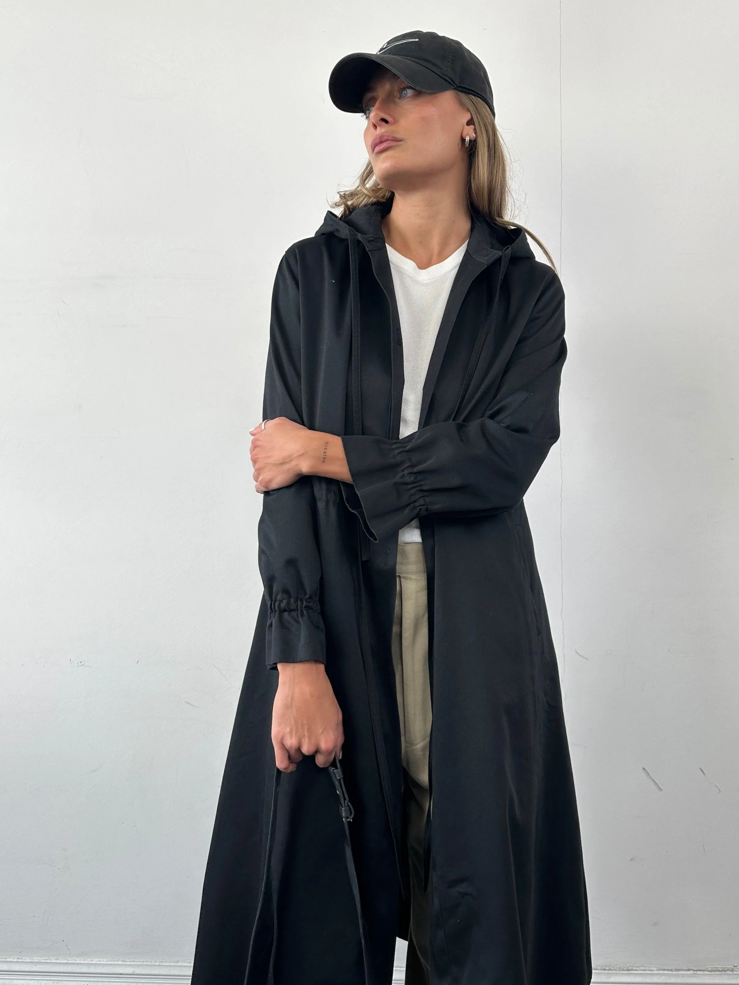 Vintage Cotton Tie Waist Hooded Trench Coat - S