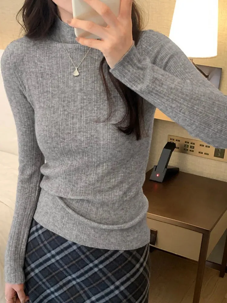 Wenkouban Basic Turtleneck Crop Sweater Women Casual Knitted Pullover Solid Color Jumper Long Sleeve Tops Slim Bottoming Shirt