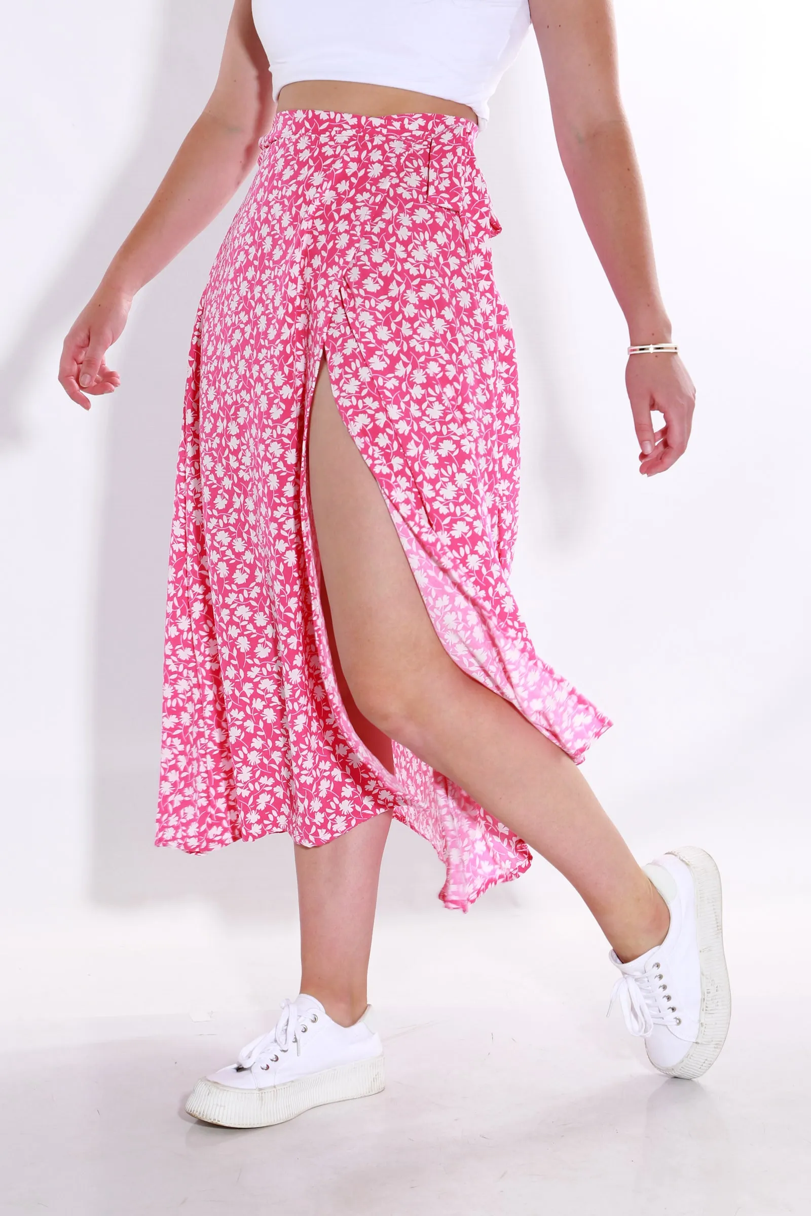 Wrap Floral Midi skirt - pink